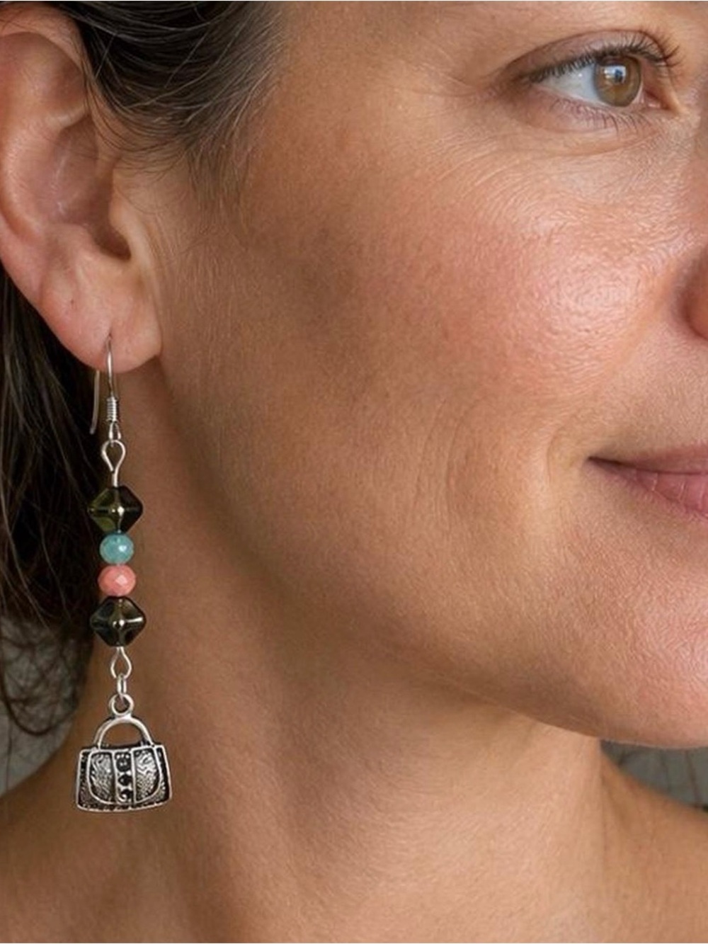 Multicolor Bead Drop Glass Earrings w/Silver Handbag Charm 👛